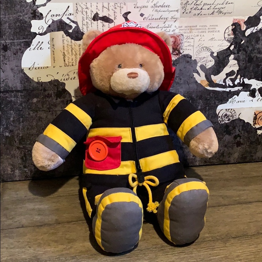 Plush Teddy Bear in Yellow & Black Firefighter Outfit with Red Hat